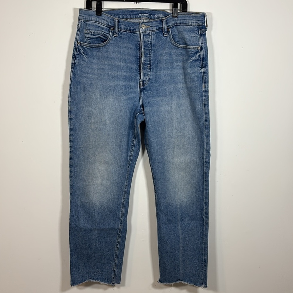 Old Navy Extra High Rise Button Fly Jean 14 Stretch Denim Raw Hem Medium